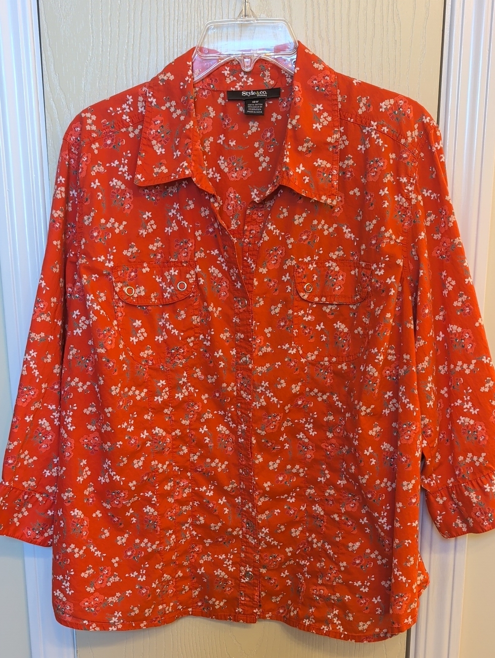 Style & Co. Red Floral Snap-Front Shirt Women's Plus Size 18W 100% Cotton Sequin